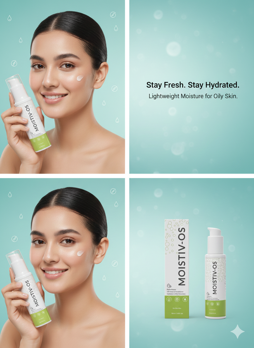 Product advertisement for MOISTIV-OS on a light blue background with a woman holding the product.