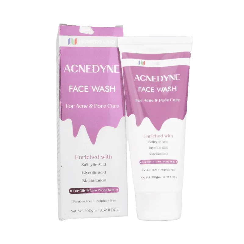 Acnedyne Face Wash packaging on a dark blue background