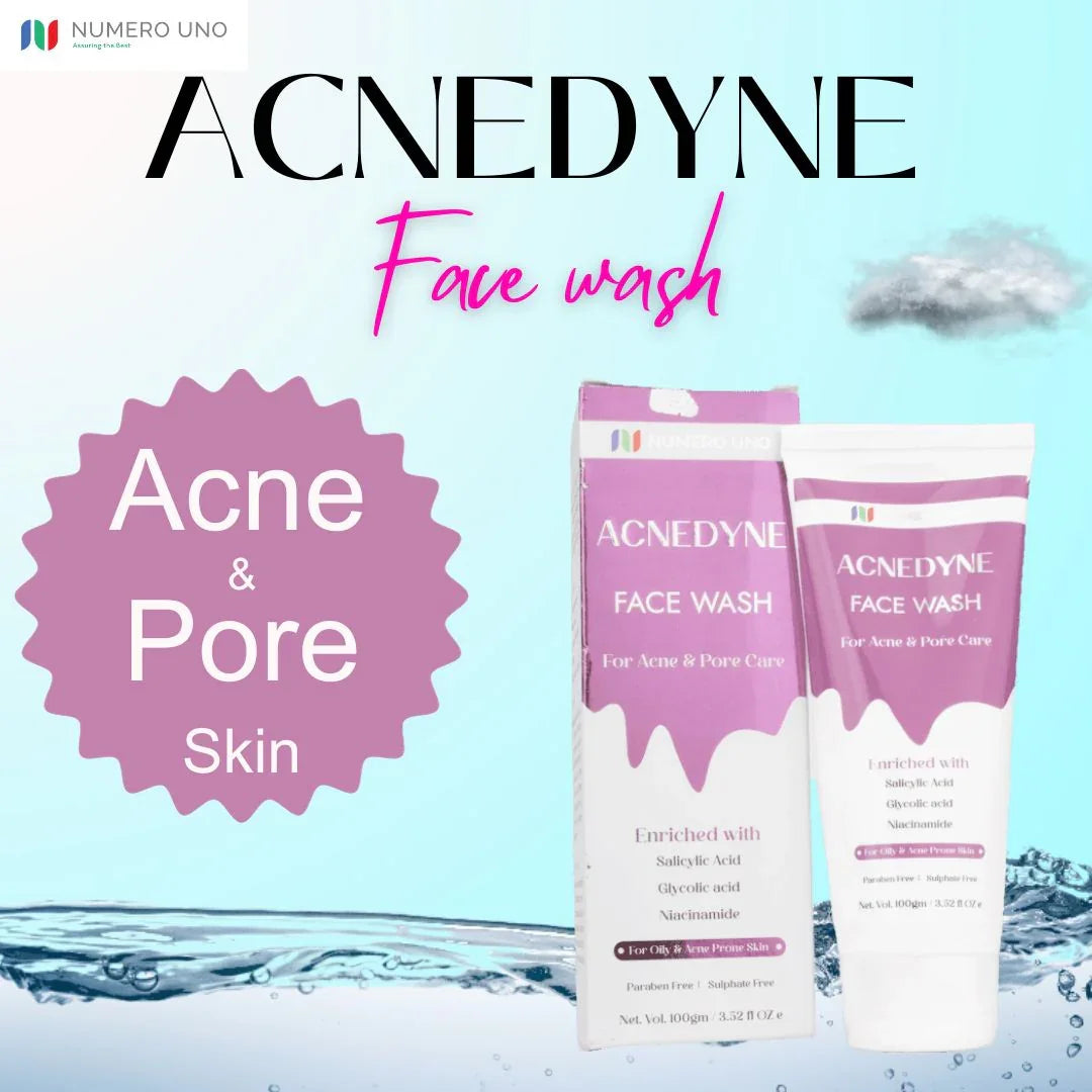 Acnedyne face wash packaging with water design on a light blue background
