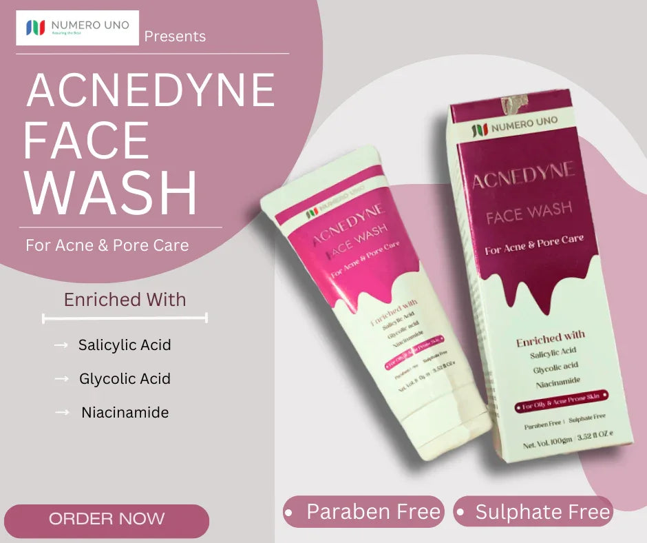 Acnedyne face wash packaging with product details on a light gray background