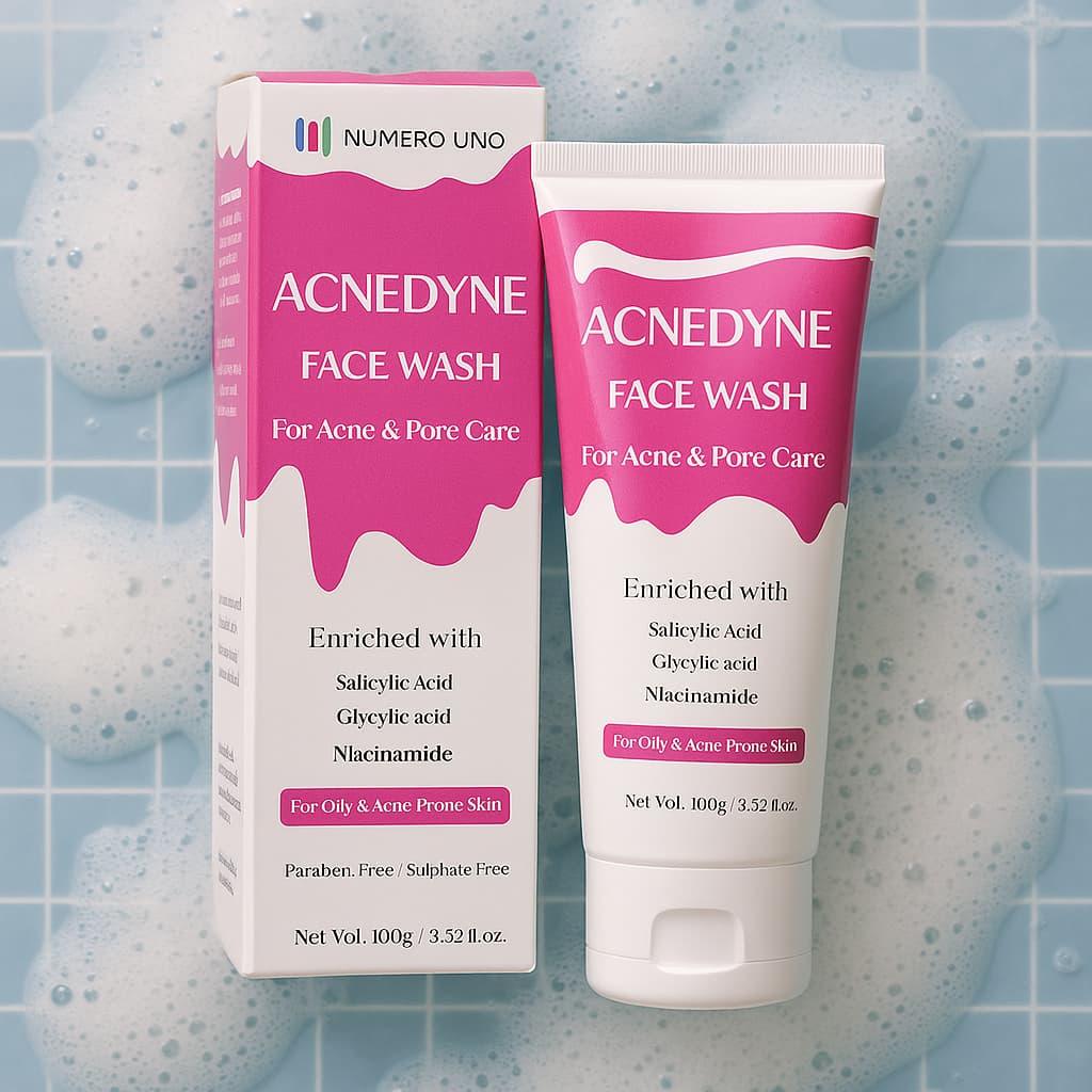 Acnedyne Face Wash packaging and tube on a tiled bathroom background