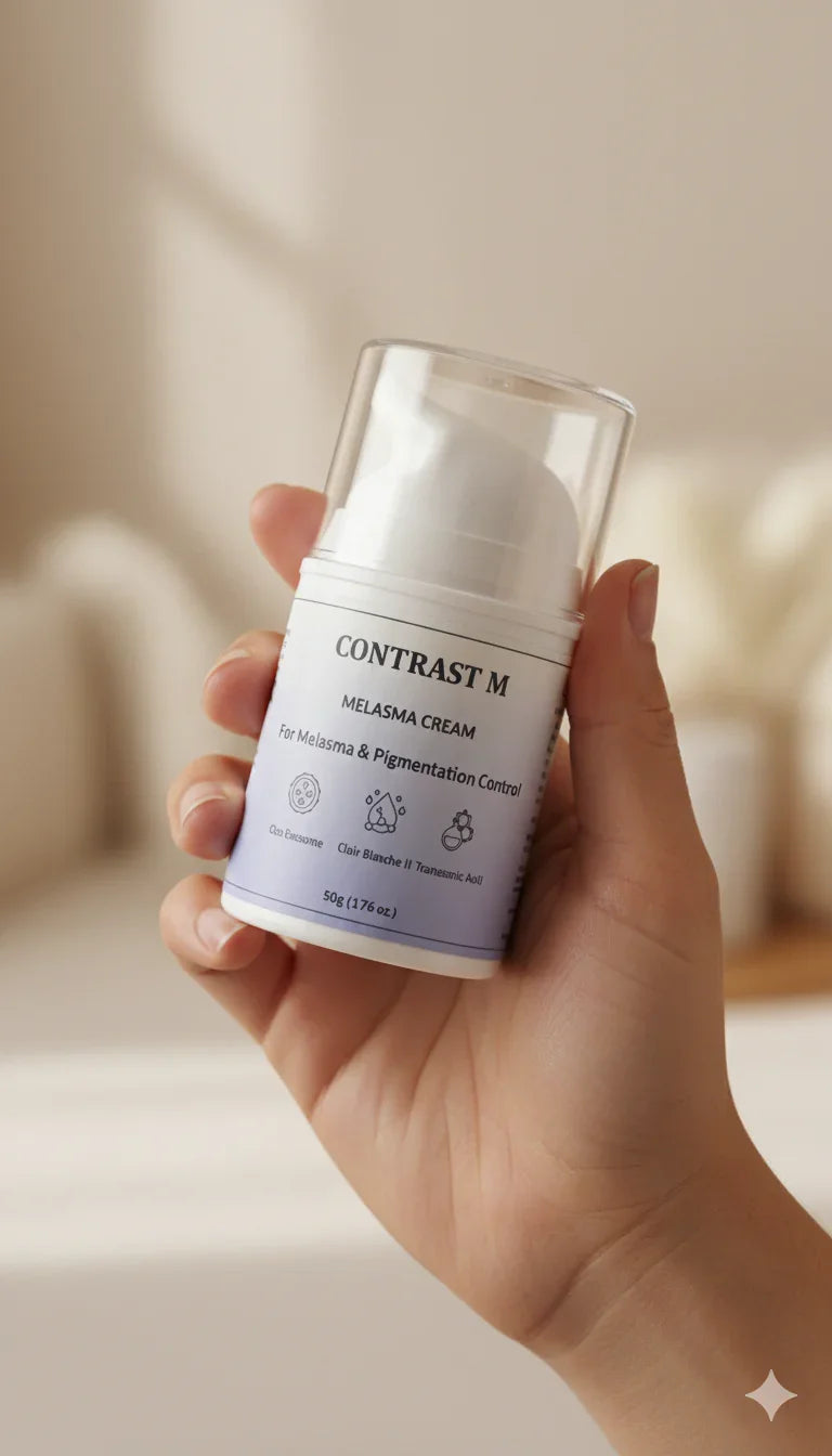 Hand holding Contrast M melasma cream bottle for pigmentation control with clear pump