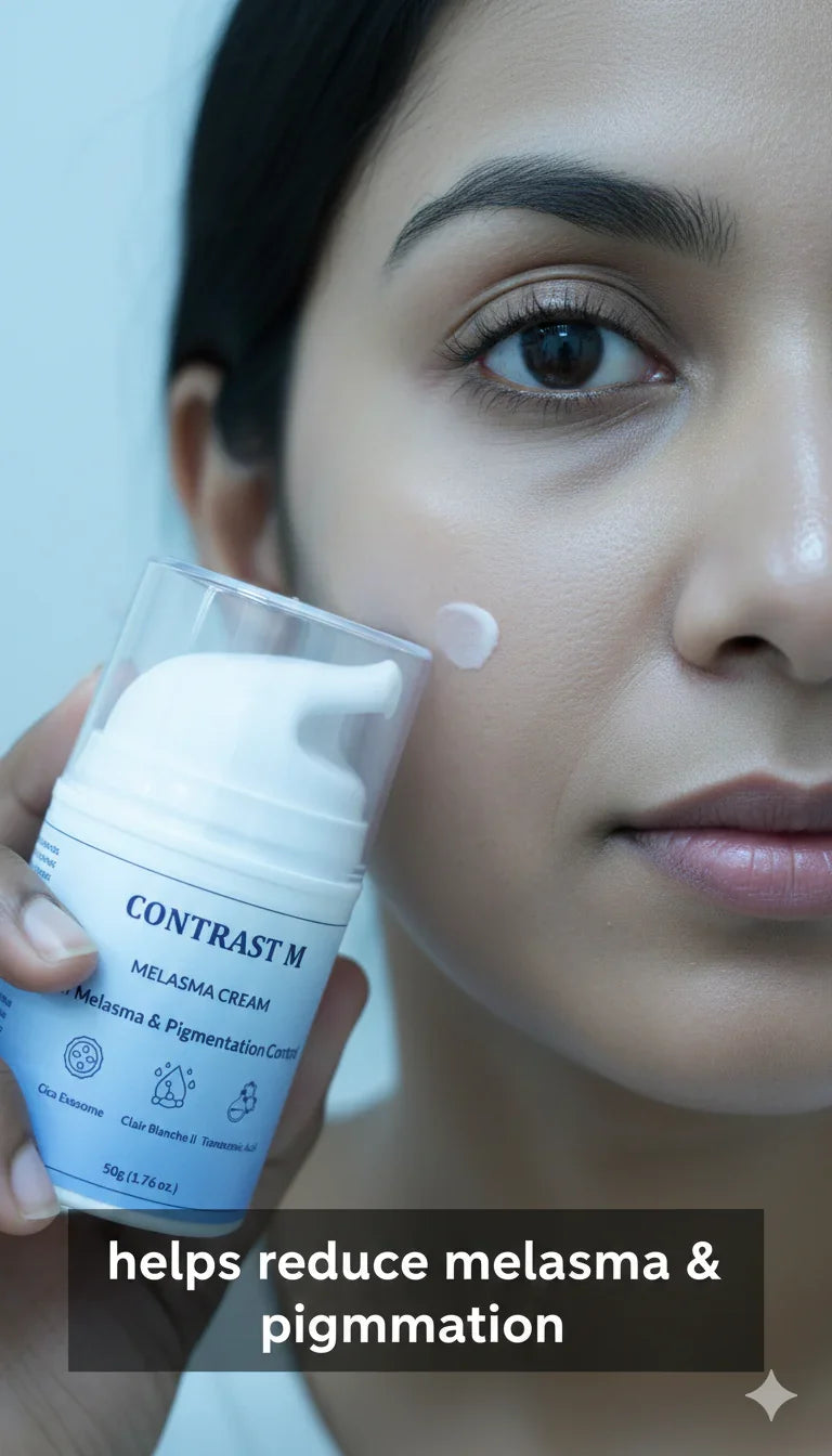 Close-up of woman applying Contrast M melasma cream for pigmentation control