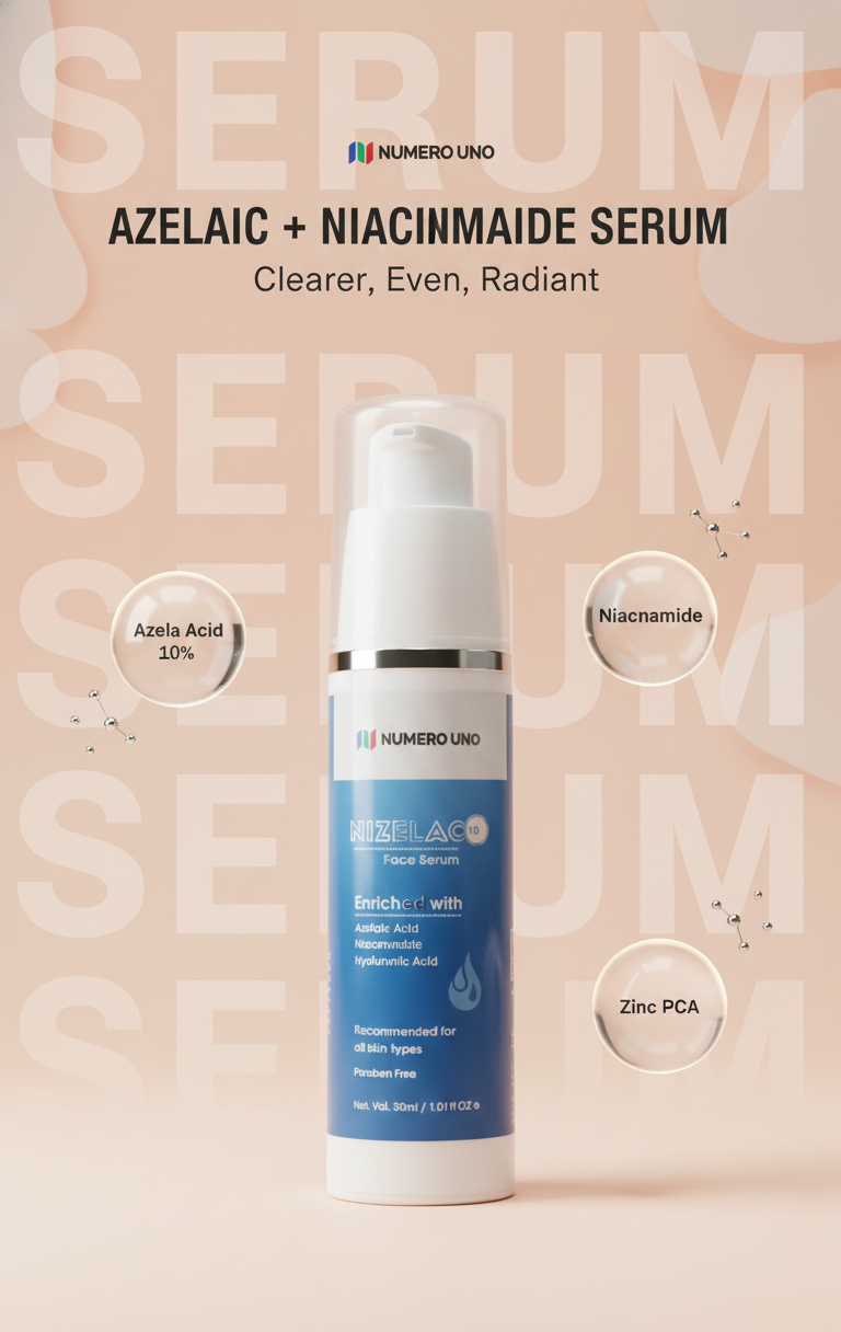 Skincare serum bottle with brand logo on a beige background with text 'SERUM'.