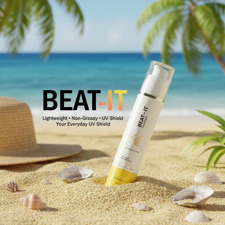 BEAT-IT UV shield bottle on a sandy beach with palm trees and blue sky.