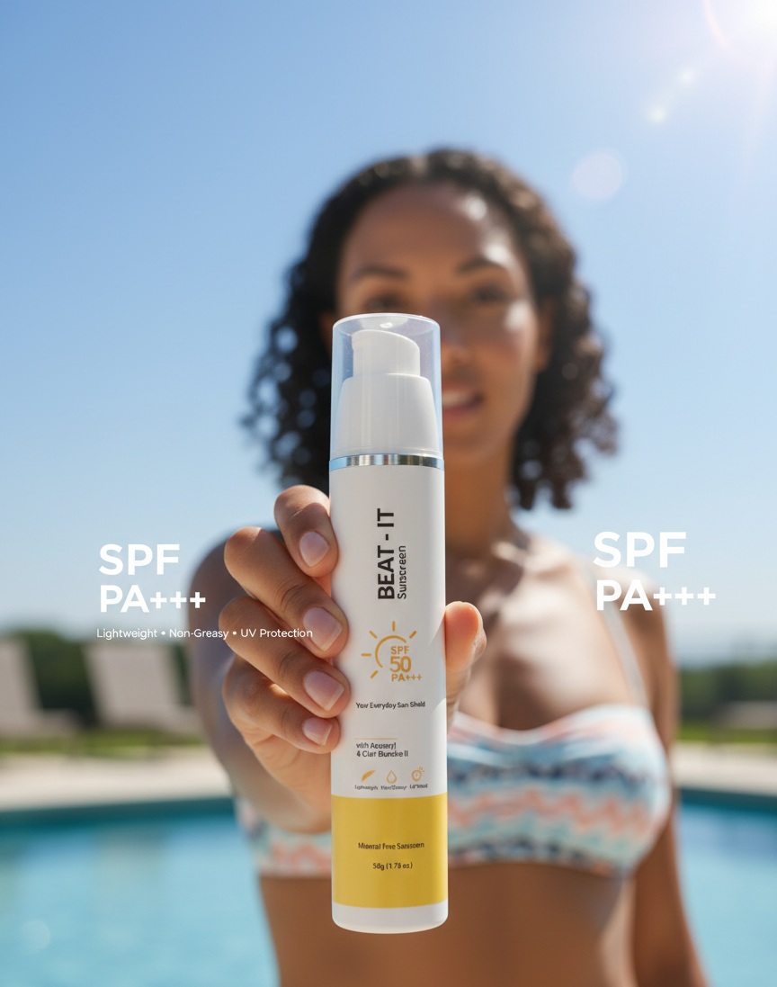Woman holding a 'Beat-It' sunscreen bottle by a pool with SPF PA+++ text.
