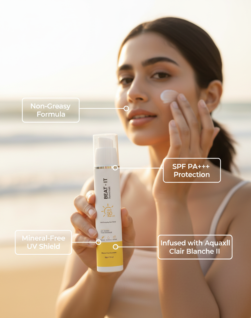 Woman applying sunscreen with a bottle labeled 'BEAT-IT' on a beach.