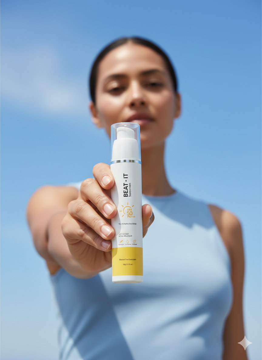 Woman holding a 'BEAT IT' skincare product against a clear blue sky