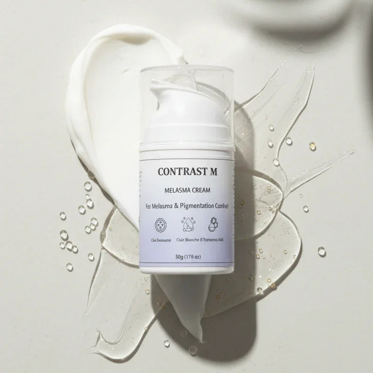 Contrast M Melasma Cream bottle on white and clear cream swirls with water droplets