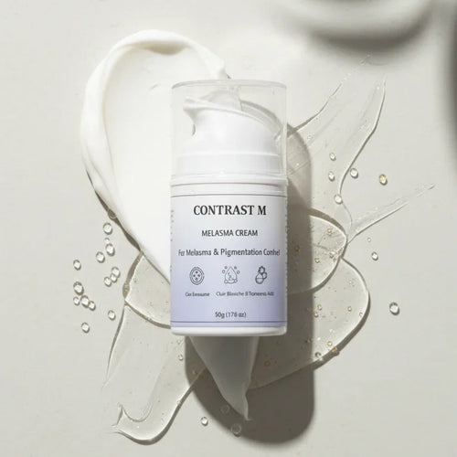 Contrast M Melasma Cream bottle on white and clear cream swirls with water droplets