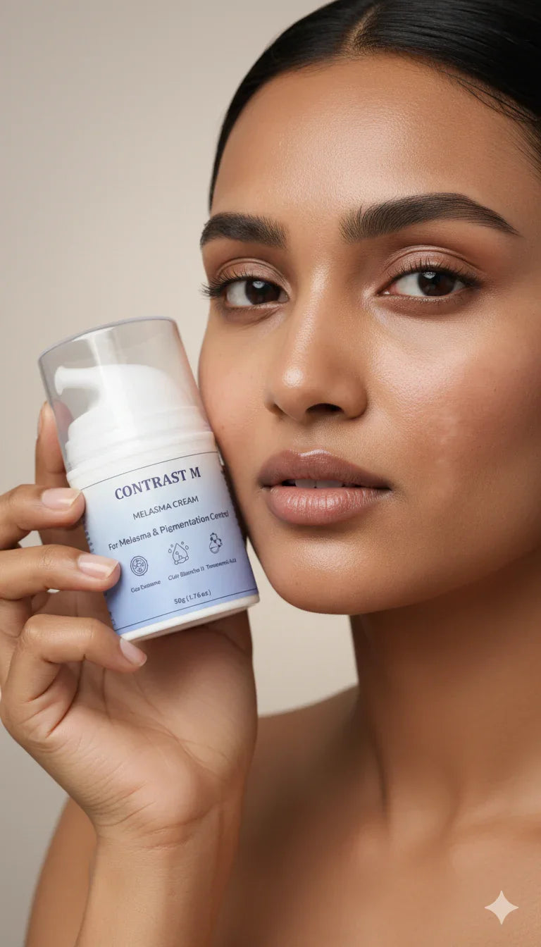 Close-up of woman with clear skin holding Contrast M melasma and pigmentation cream bottle