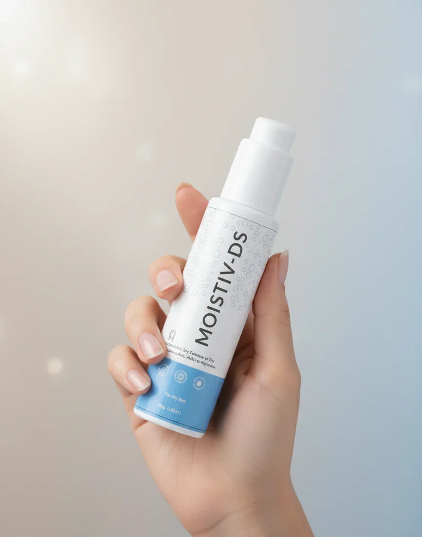 Hand holding a 'MOISTIV-DS' skincare product against a light background