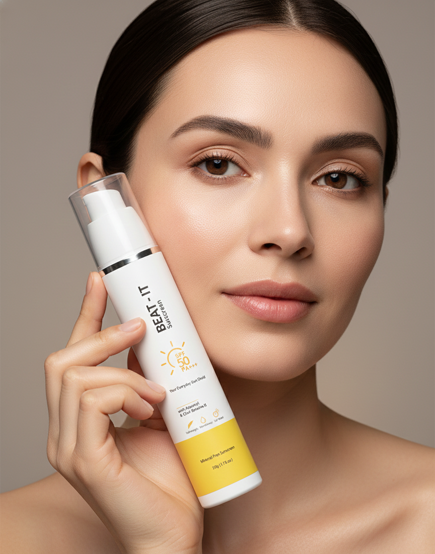 Woman holding a skincare product with a neutral background