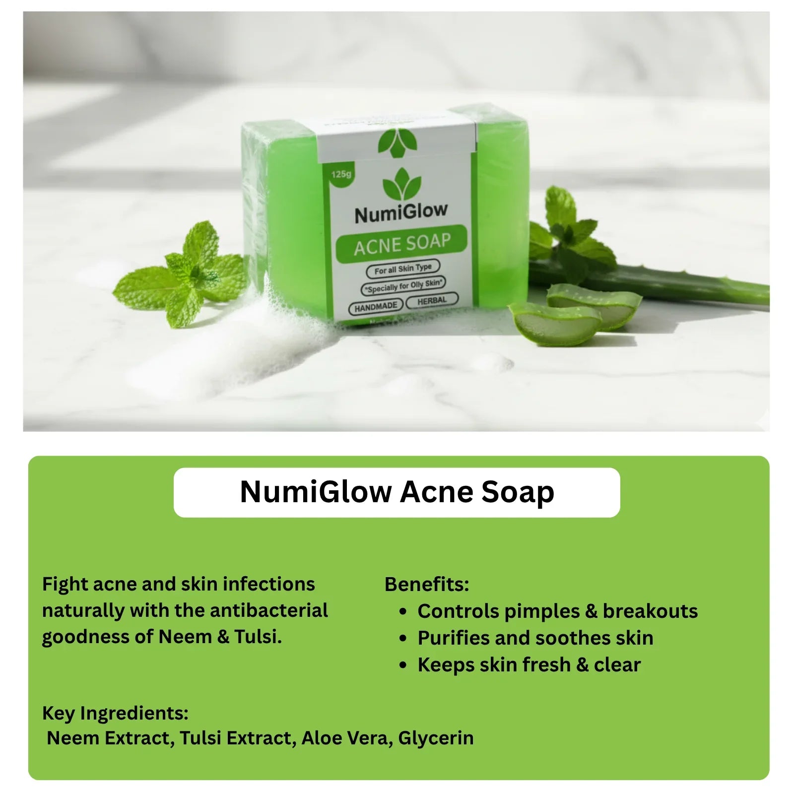 NumiGlow Acne Soap with ingredients and benefits displayed on a white background