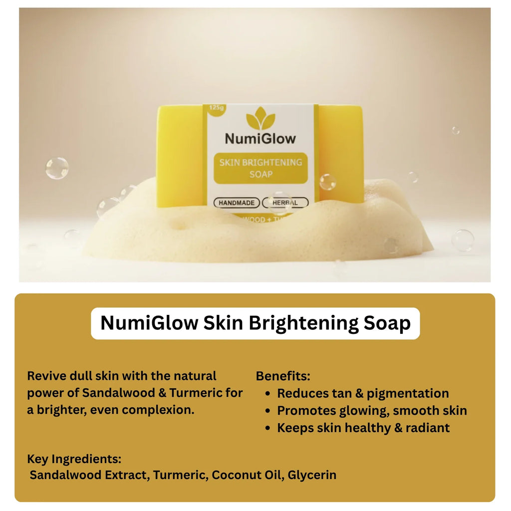 NumiGlow skin brightening soap with packaging and product details on a beige background