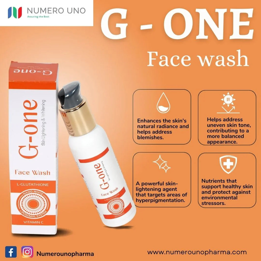 G-One Face Wash packaging with bottle and box on an orange background, featuringNumero Uno branding.