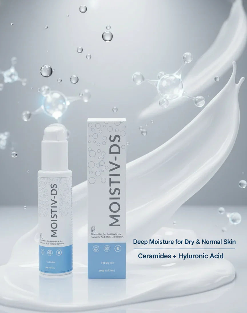 Two MOISTIV-DS skincare products on a gray background with water droplets.