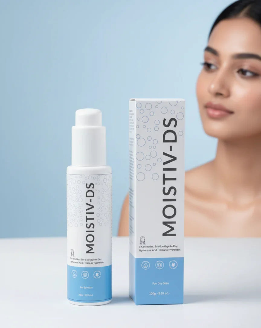 MOISTIV-DS skincare product with bottle and packaging on a light blue background