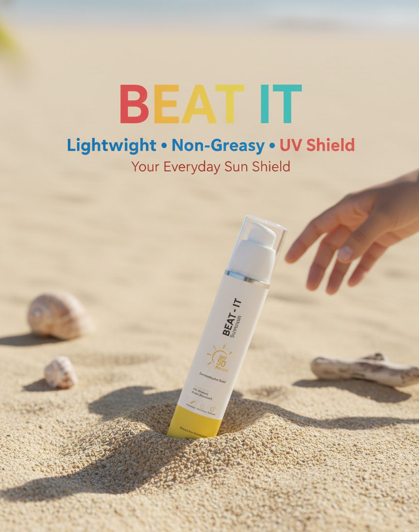 Sunscreen bottle on sand with 'Beat It' branding and beach background