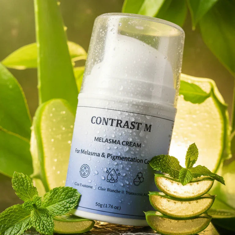 Contrast M melasma cream bottle with aloe vera slices and mint leaves for pigmentation treatment