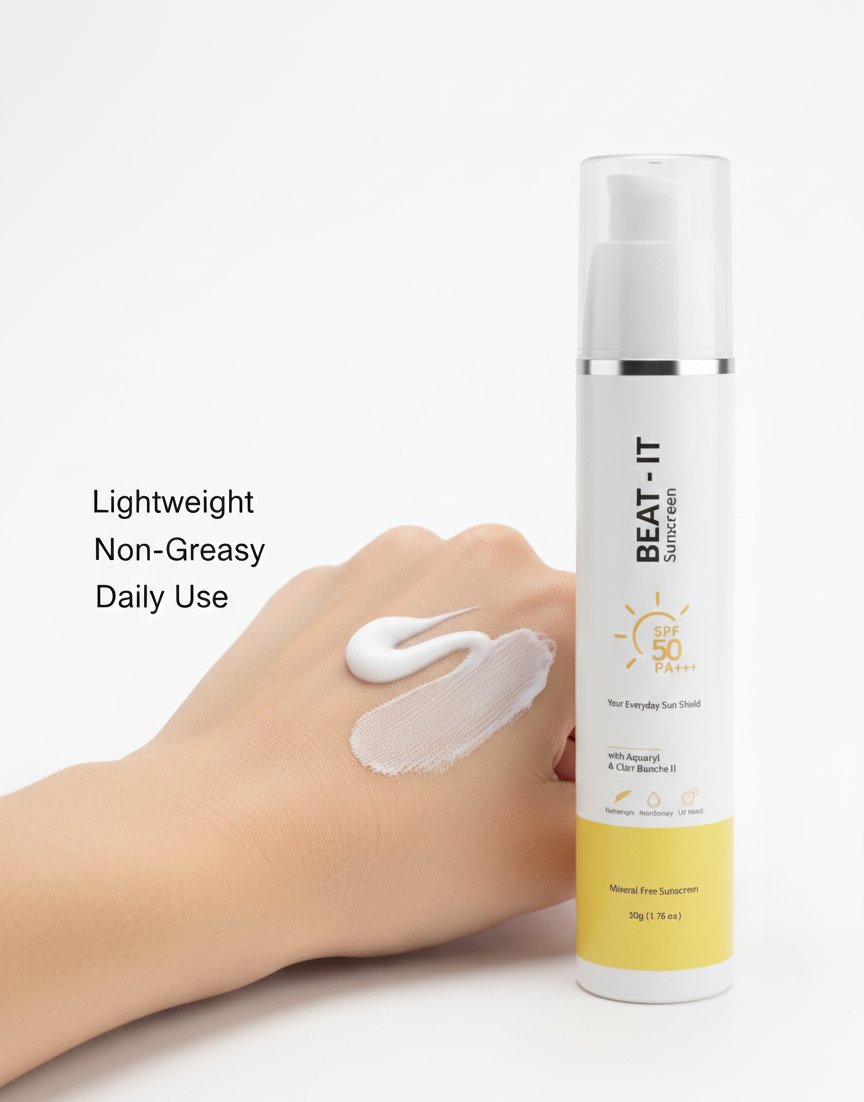 Hand applying sunscreen cream with 'Beat It' sunscreen bottle in the background