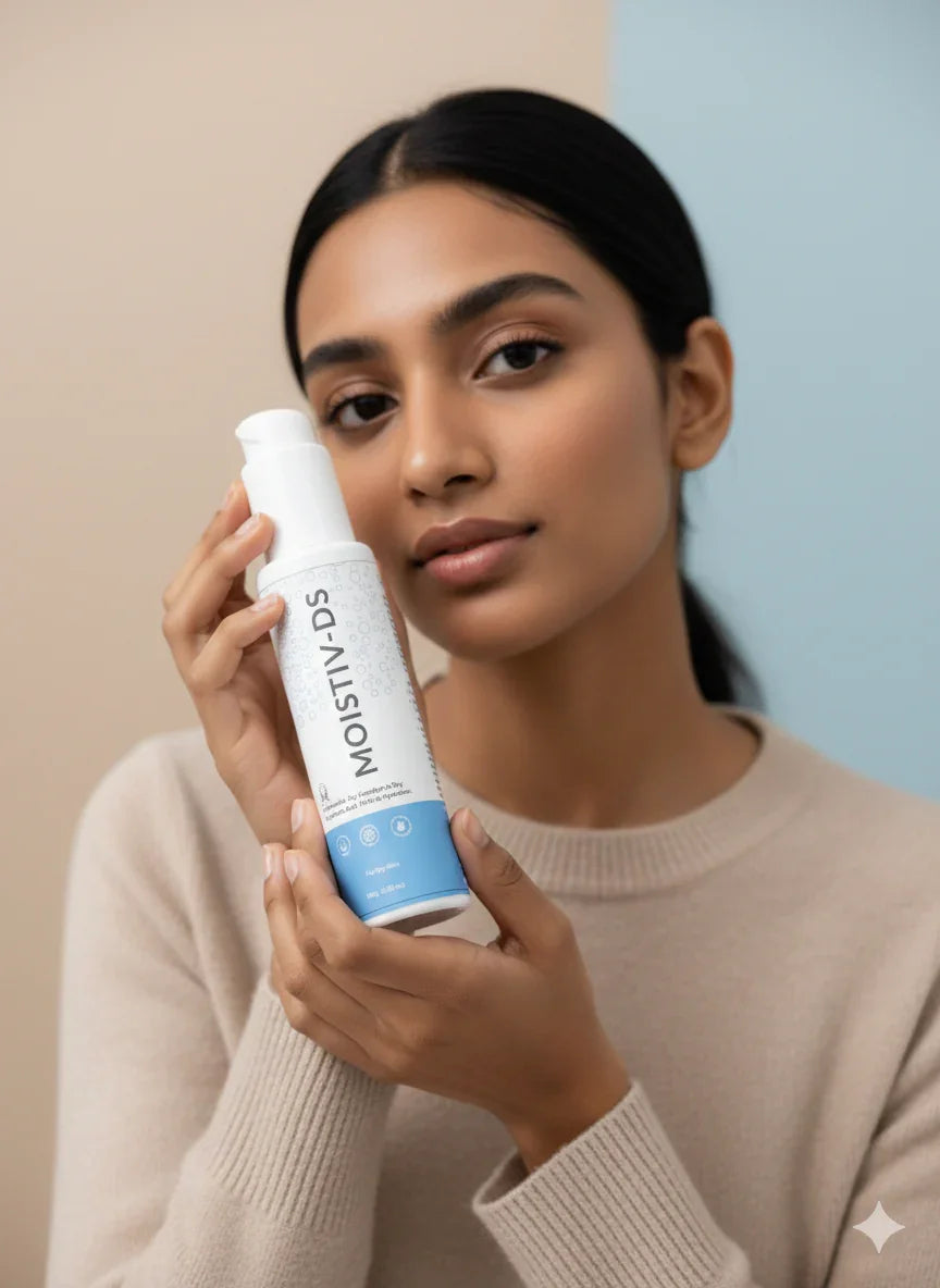 Woman holding a bottle of Moistiv DS against a neutral background