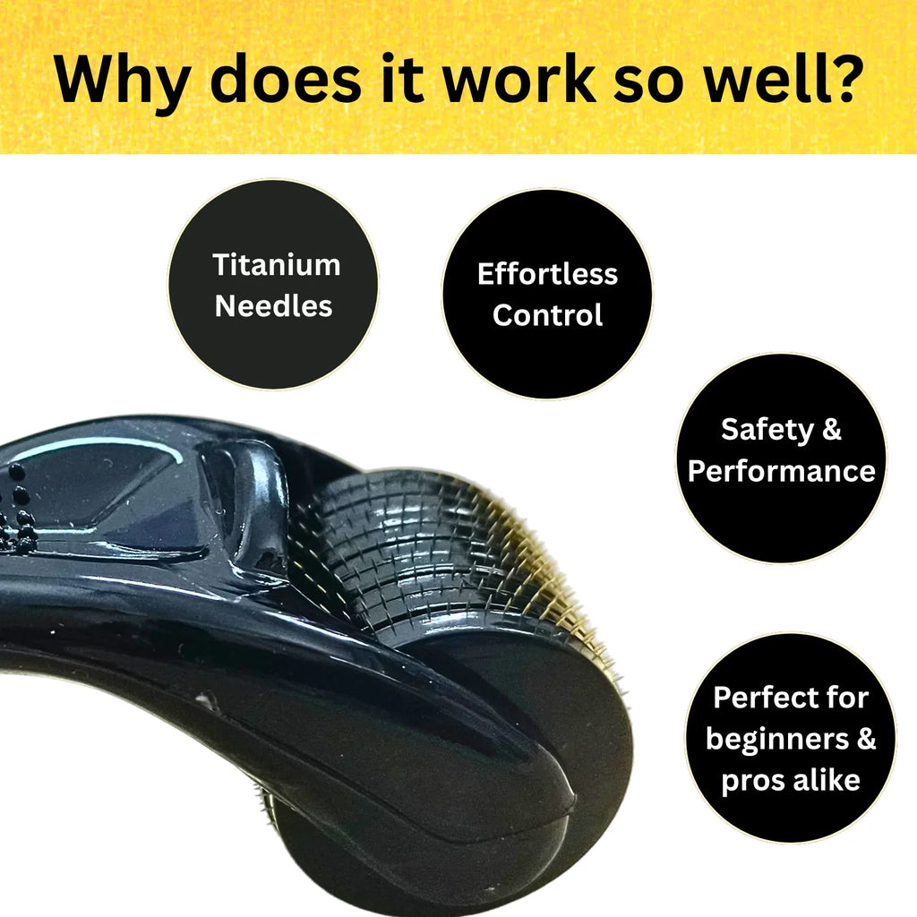 Black hair removal device with text highlighting features on a yellow and white background