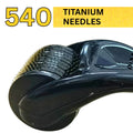 Black derma roller with titanium needles and text '540 Titanium Needles' on a white background