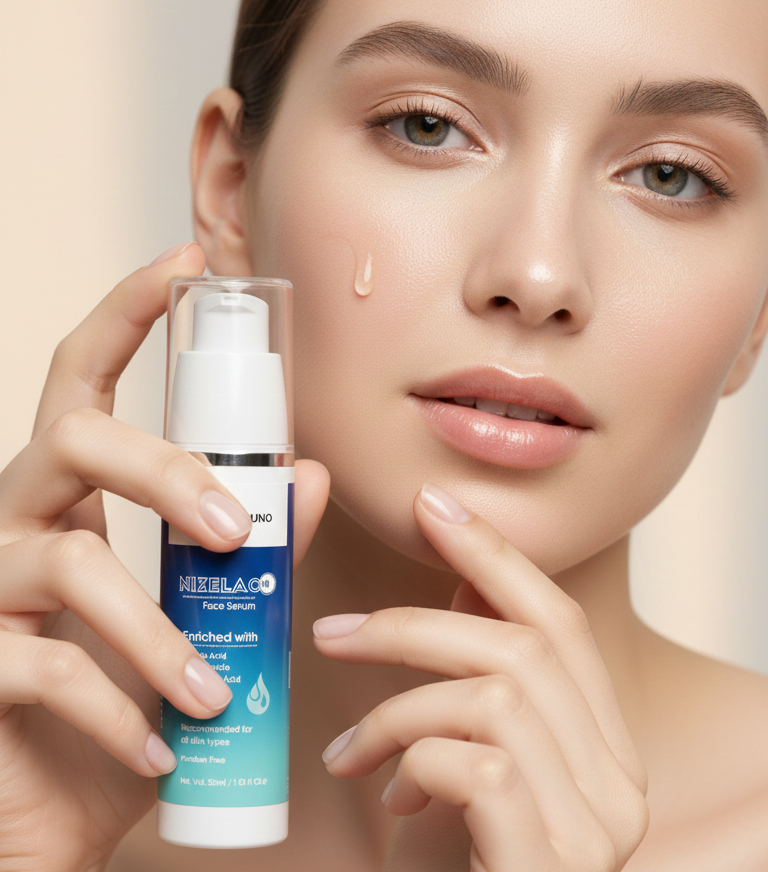 Woman holding a skincare product with a plain background