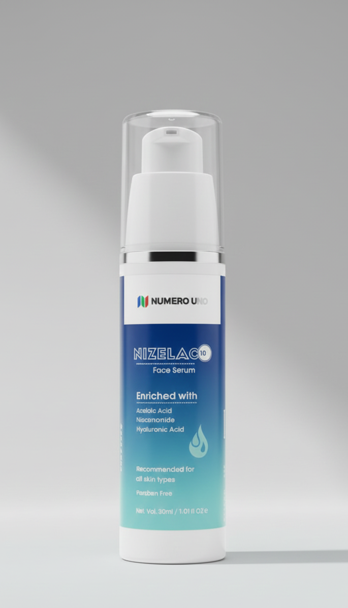 Skincare serum bottle with visible branding on a gray background