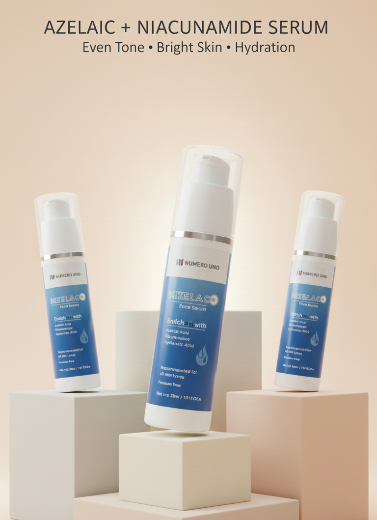 Three skincare serum bottles on geometric stands with a beige background