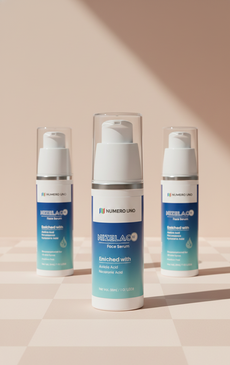 Three skincare products from Numero Uno on a neutral background