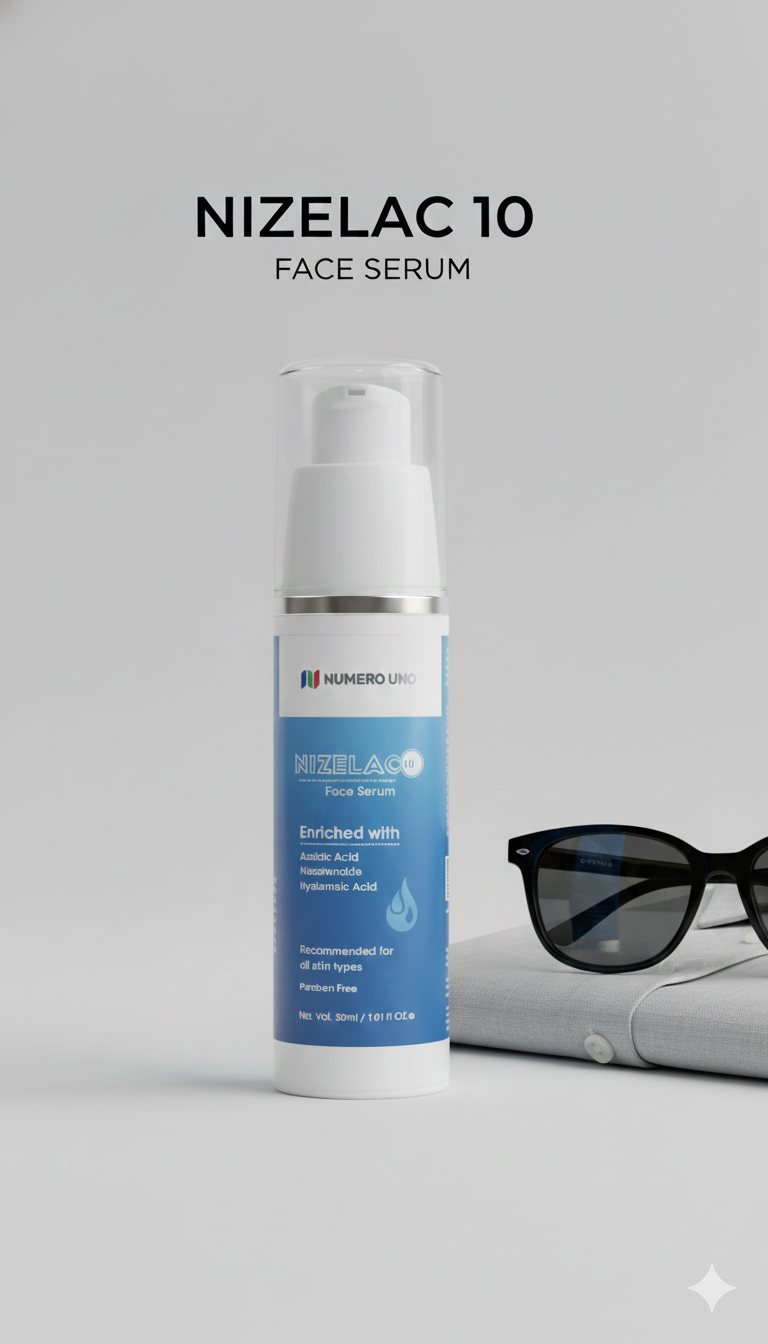 Nizelac 10 face serum bottle with sunglasses and a book on a gray background