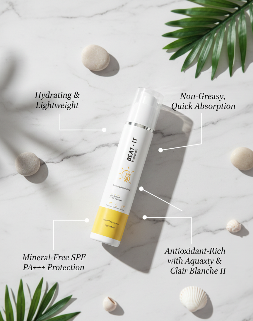 Skincare product with text highlighting features on a marble surface with leaves and shells.