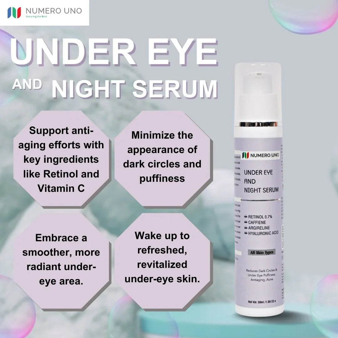 Advertisement for Numero Uno under eye and night serum with product and benefits text on a light background.
