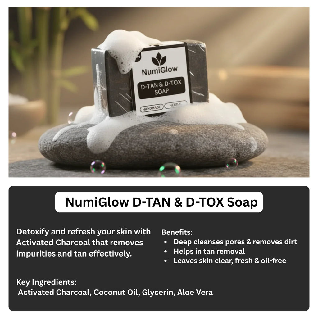 NumiGlow D-TAN & D-TOX Soap with activated charcoal on a stone
