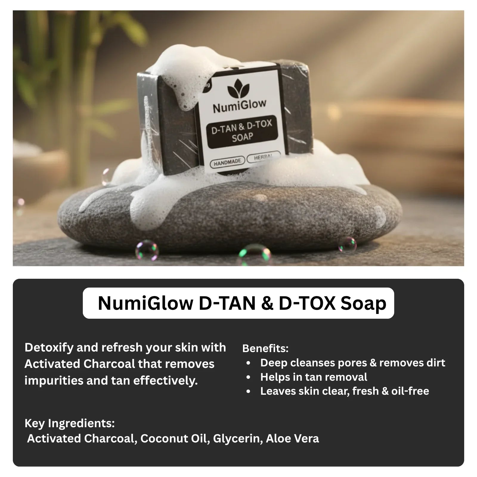 NumiGlow D-TAN & D-TOX Soap with activated charcoal on a stone