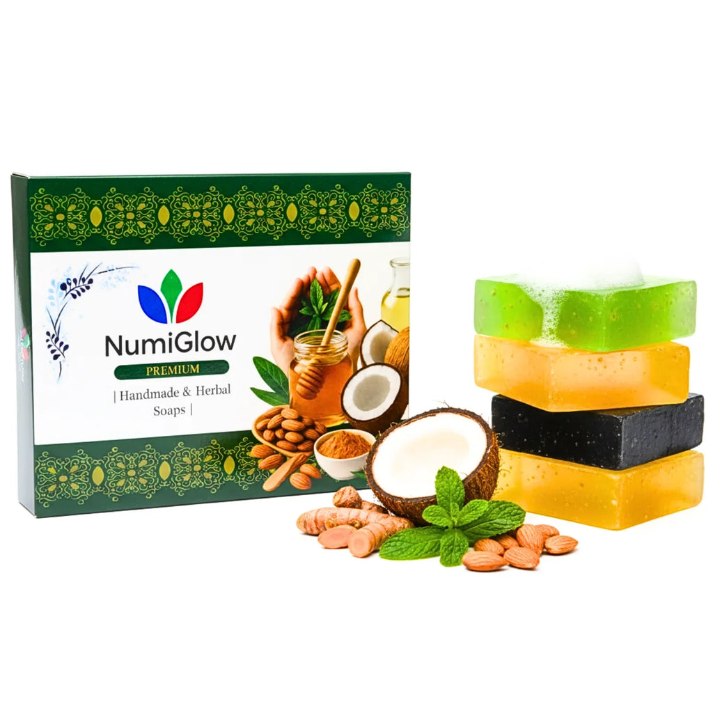 NumiGlow soap packaging with various soaps and ingredients on a white background