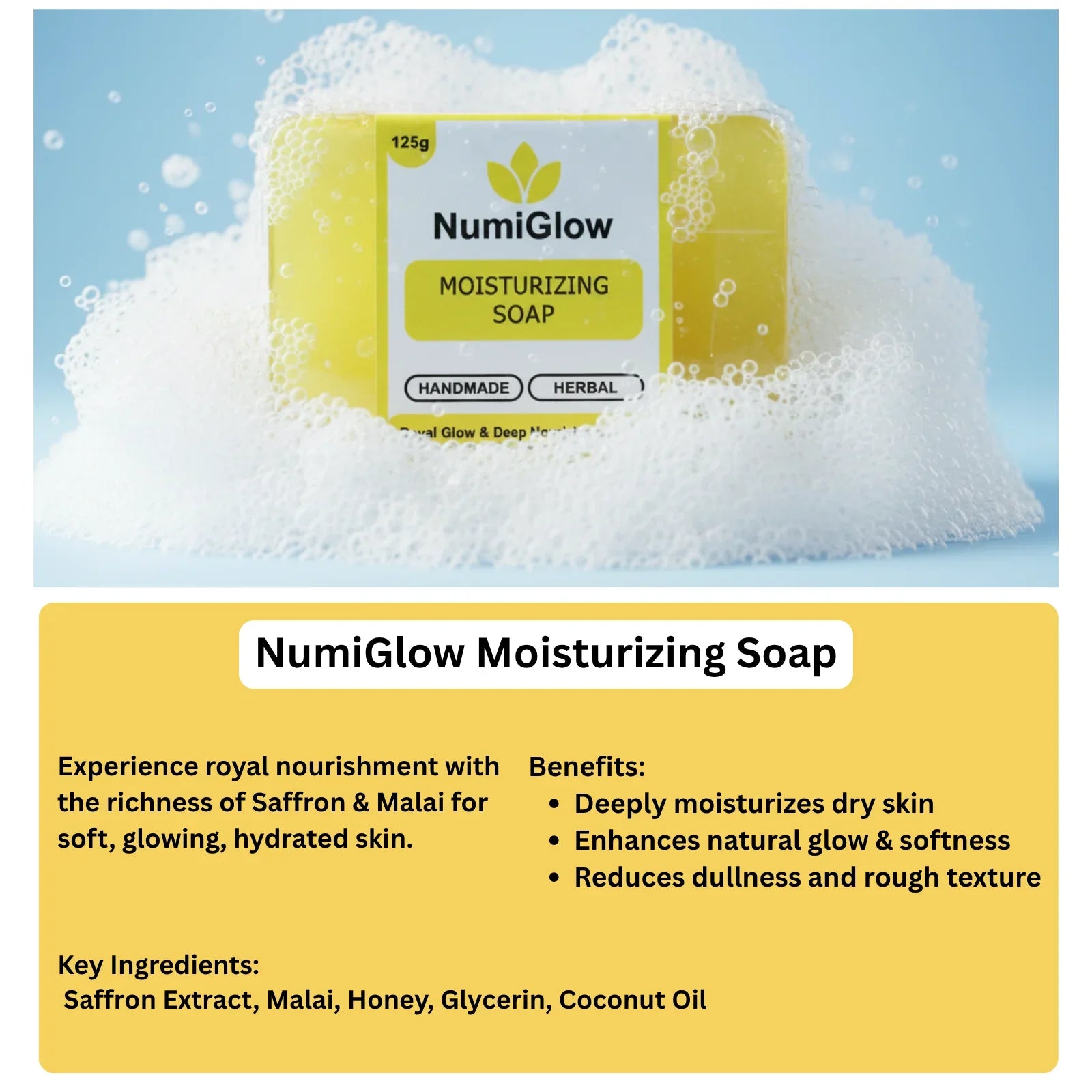 NumiGlow moisturizing soap bar with packaging and product details on a blue background