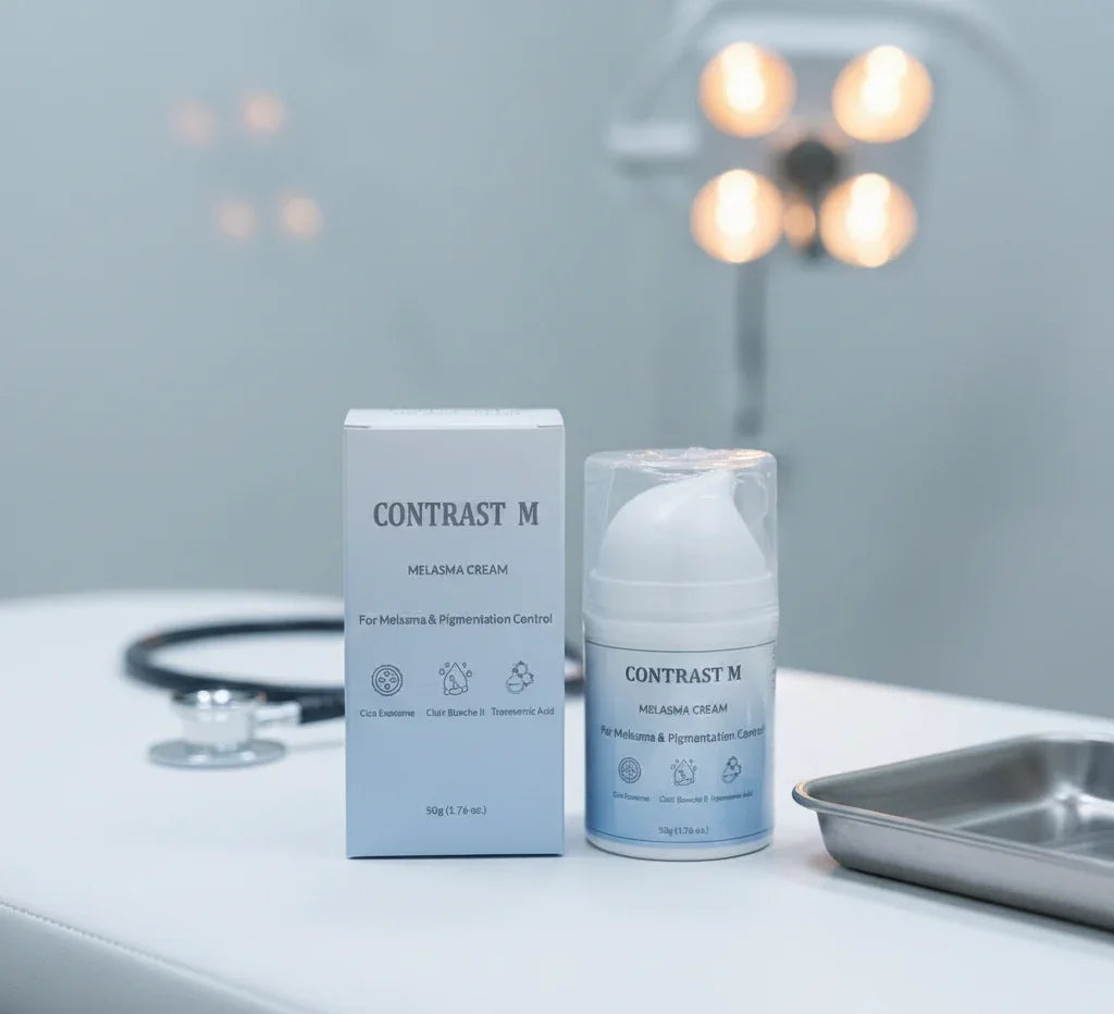 Contrast M melasma cream with box on white medical table, skincare for pigmentation control