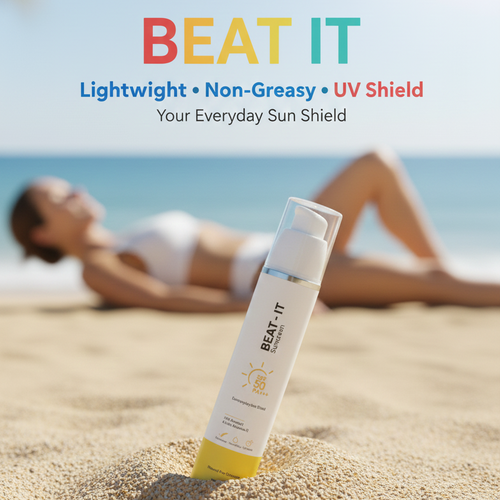 Sunscreen bottle labeled 'BEAT IT' on sand with a beach background