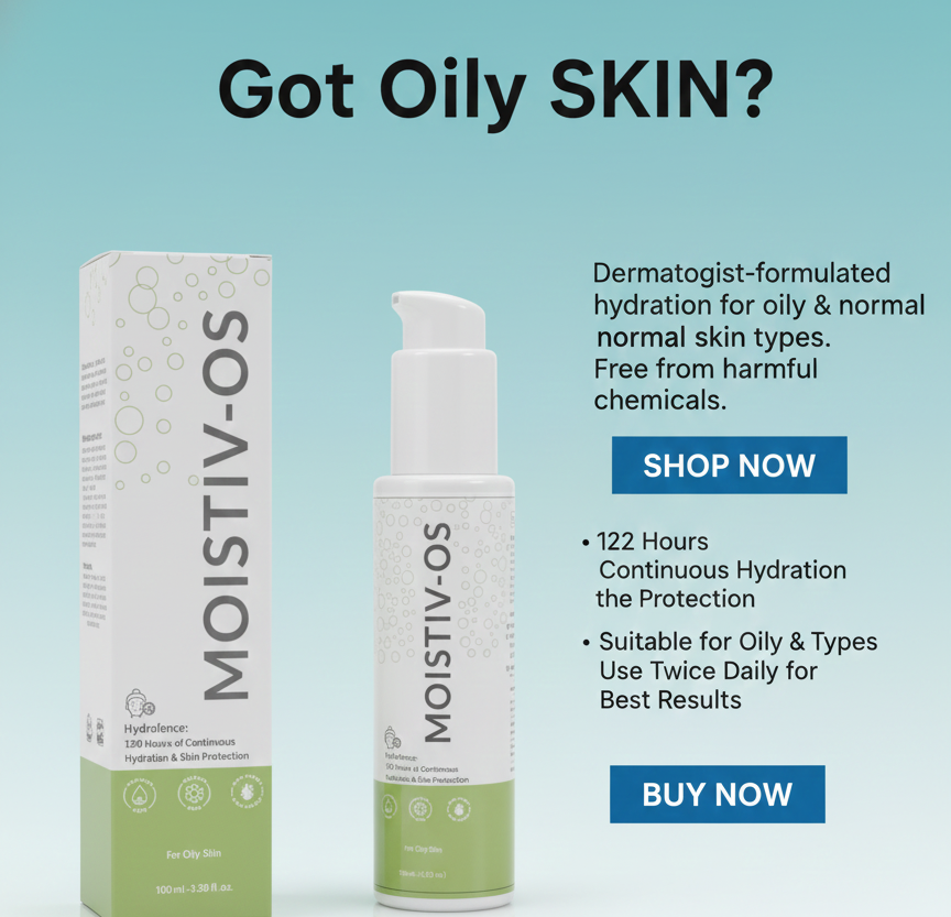 MOISTIV-OS skincare product and packaging on a light blue background with text about oily skin care.