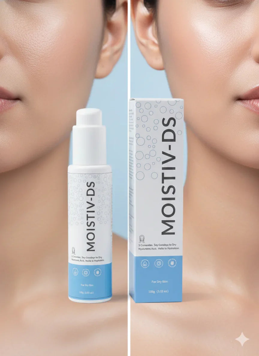 MOISTIV-DS skincare product with bottle and packaging on a neutral background