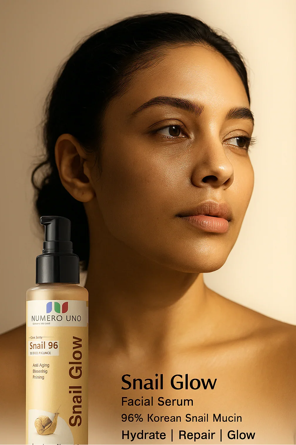 Woman with a bottle of Numero Uno Snail Glow Facial Serum on a beige background