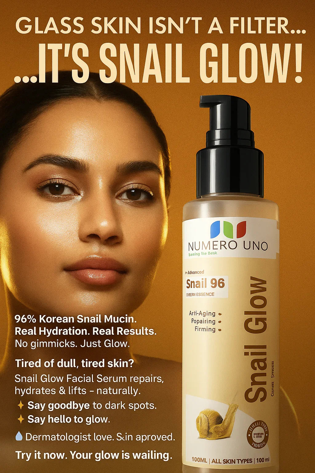 Advertisement for Numero Uno Snail Glow serum with a woman's face on an orange background.