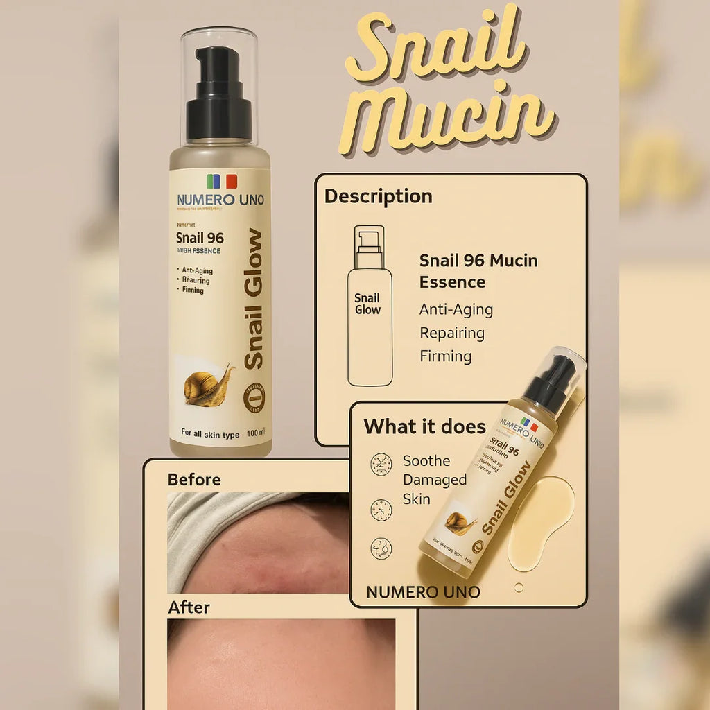 Snail mucin skincare product with before and after effects on skin.