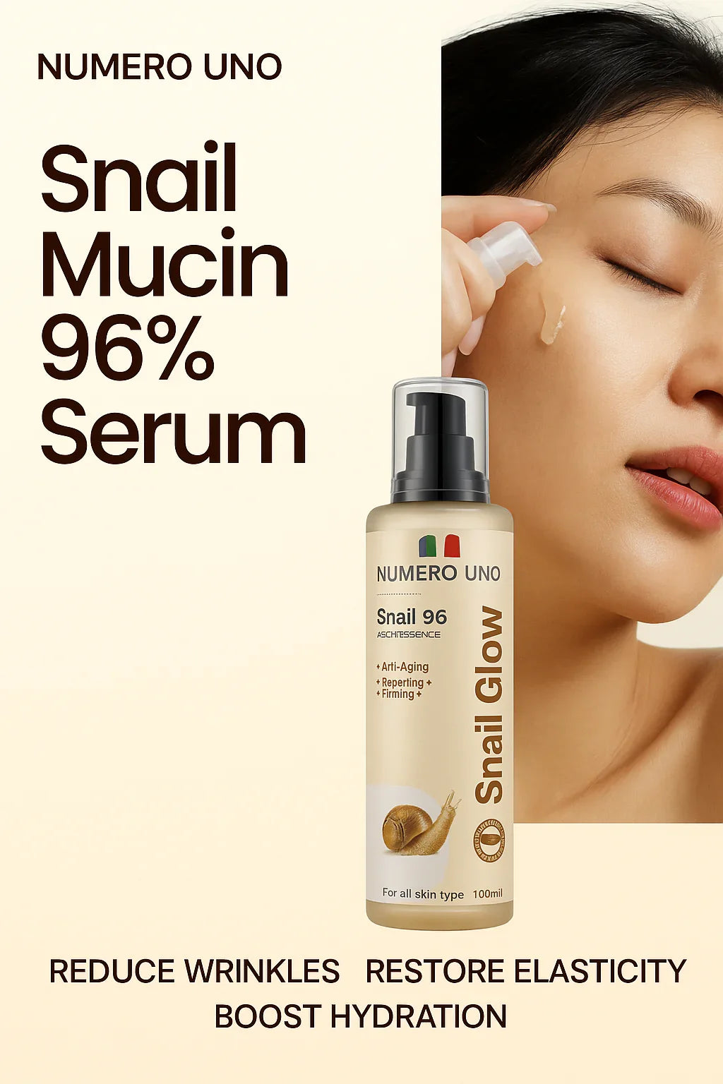 Numero Uno Snail Mucin 96% Serum bottle with a woman applying it to her face.