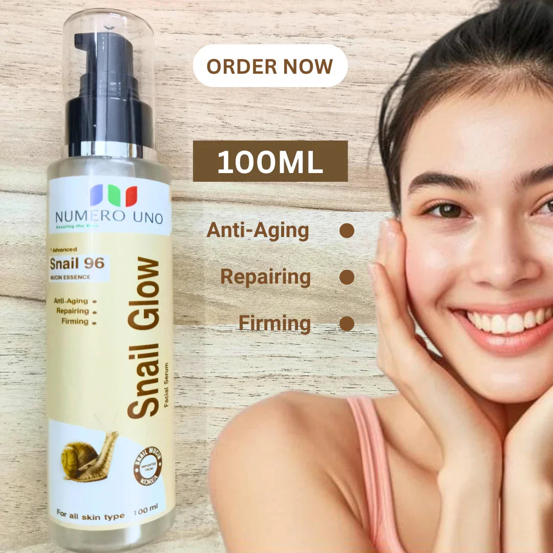 Snail Glow skincare product with a woman showing her smooth skin on a wooden background