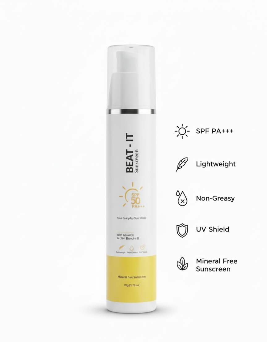 Sunscreen bottle with features listed on a white background