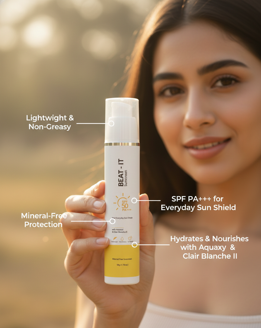 Woman holding a sun shield product with text highlighting features, against a blurred natural background.